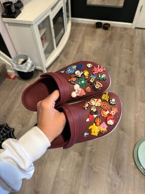 CROCS Maroon Kids Clogs with Colorful Charm Accents